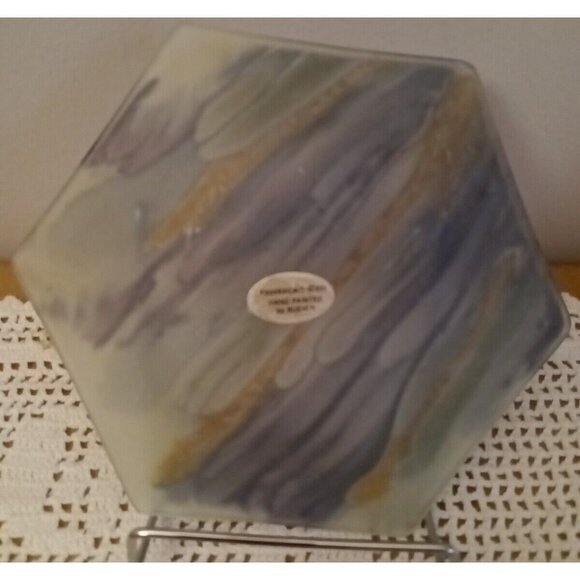Reuven Nouveau Art Glass Hand Painted Candy Dish Trinket Hexagon Shape 7" X 6" - Picture 2 of 3
